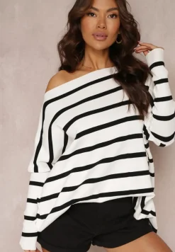 Biały Oversizowy Sweter z Rękawami o Fasonie Nietoperz i Wzorem w Paski Eistauma