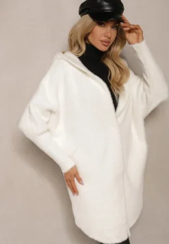 Biały Płaszcz z Wełną Wiskozą i Kapturem Zapinanym na Napy Lemizia
