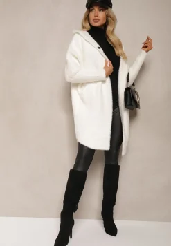 Biały Płaszcz z Wełną Wiskozą i Kapturem Zapinanym na Napy Lemizia