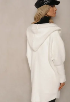Biały Płaszcz z Wełną Wiskozą i Kapturem Zapinanym na Napy Lemizia