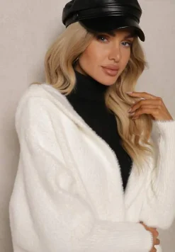 Biały Płaszcz z Wełną Wiskozą i Kapturem Zapinanym na Napy Lemizia