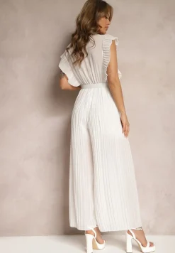 Biały Plisowany Kombinezon z Falbankami i Szerokimi Nogawkami Jarina