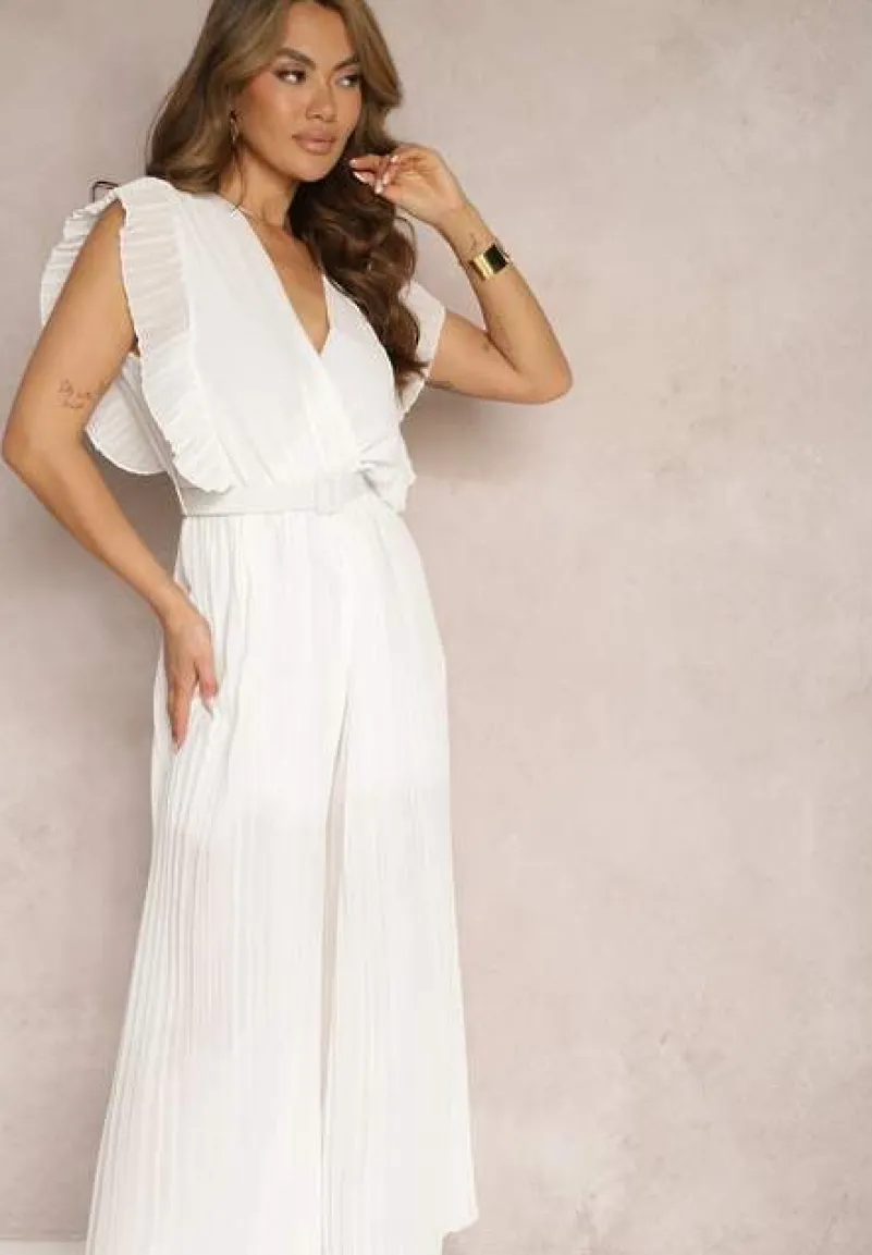 Biały Plisowany Kombinezon z Falbankami i Szerokimi Nogawkami Jarina
