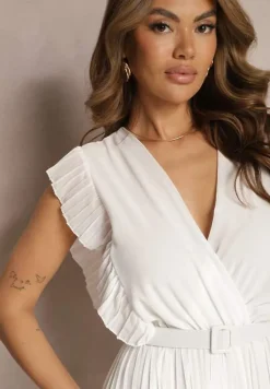 Biały Plisowany Kombinezon z Falbankami i Szerokimi Nogawkami Jarina