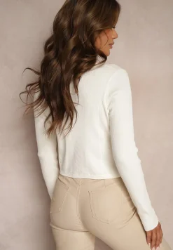 Biały Prążkowany Kardigan z Wiskozy Zapinany na Napy w Kształcie Motyli z Chokerem Ardeviana