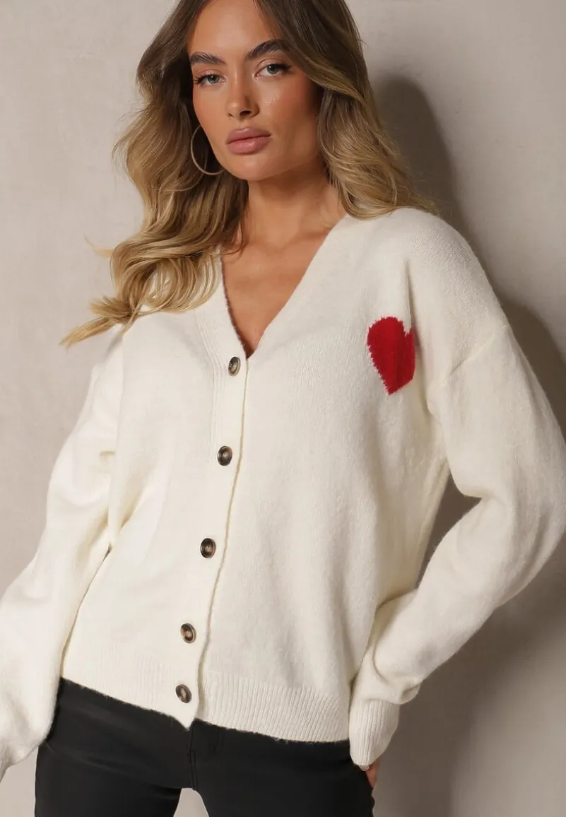 Biały Rozpinany Kardigan Ozdobiony Sercem Miathia