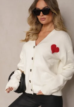 Biały Rozpinany Kardigan Ozdobiony Sercem Miathia