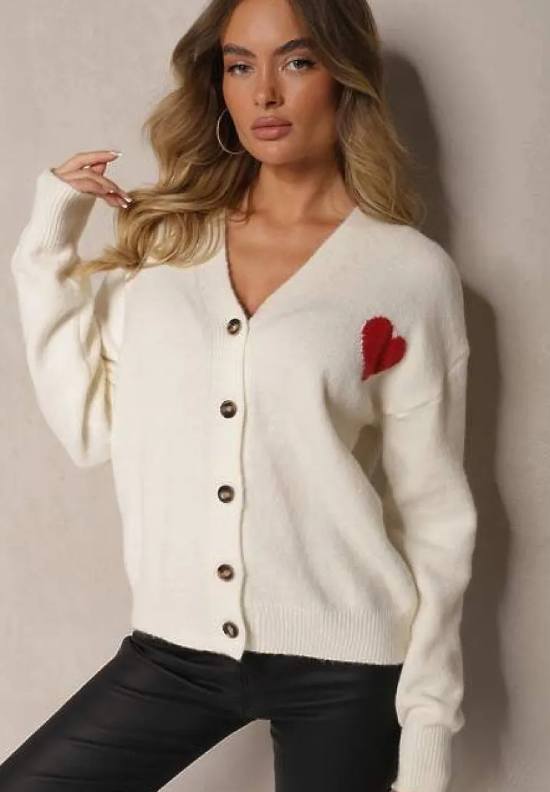 Biały Rozpinany Kardigan Ozdobiony Sercem Miathia