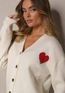 Biały Rozpinany Kardigan Ozdobiony Sercem Miathia