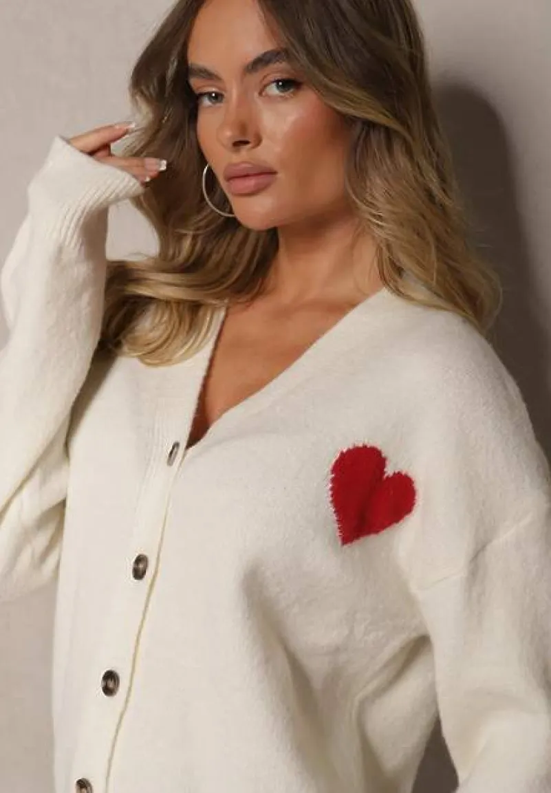 Biały Rozpinany Kardigan Ozdobiony Sercem Miathia