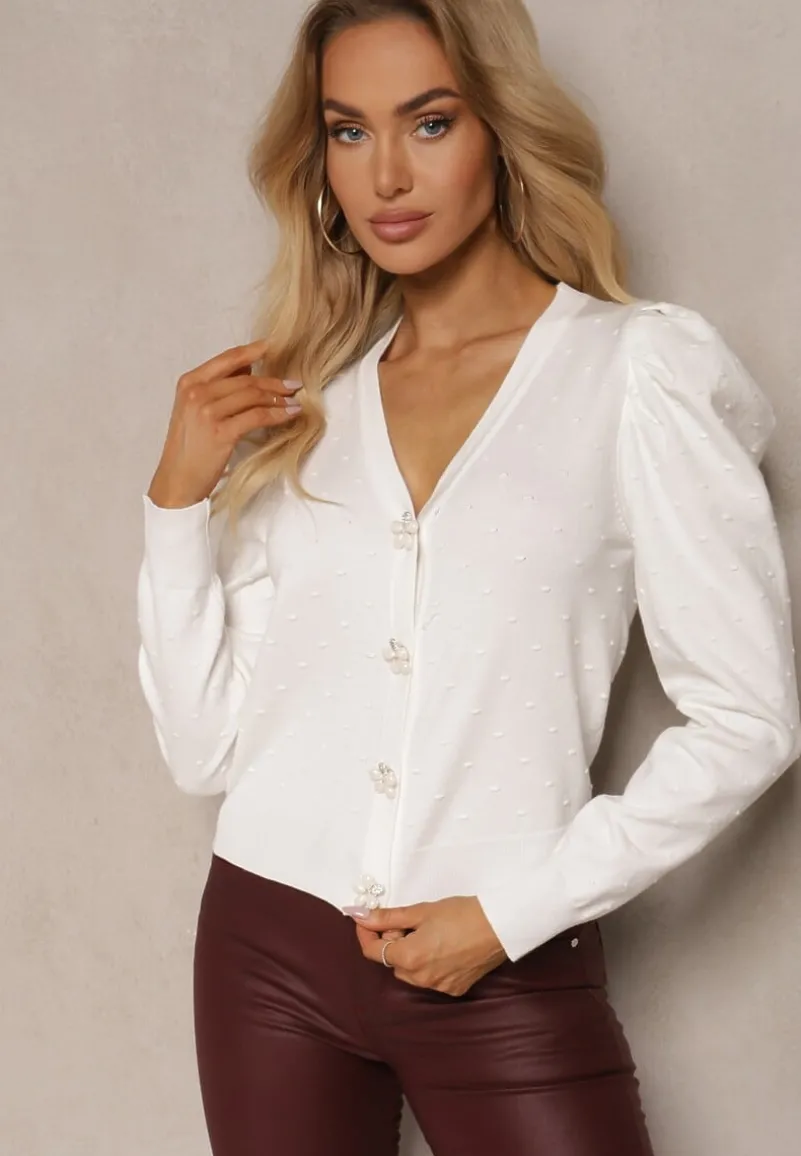 Biały Rozpinany Kardigan z Wiskozą Ozdobiony Guzikami Kwiatkami Enarine