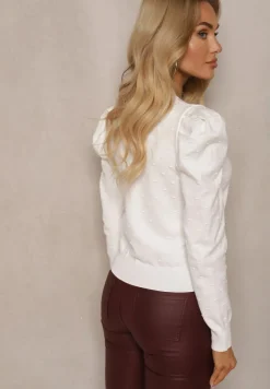 Biały Rozpinany Kardigan z Wiskozą Ozdobiony Guzikami Kwiatkami Enarine