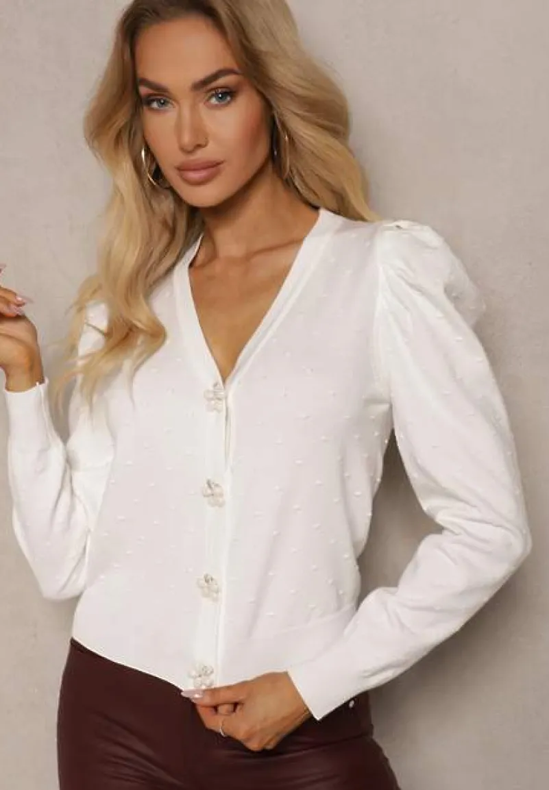 Biały Rozpinany Kardigan z Wiskozą Ozdobiony Guzikami Kwiatkami Enarine