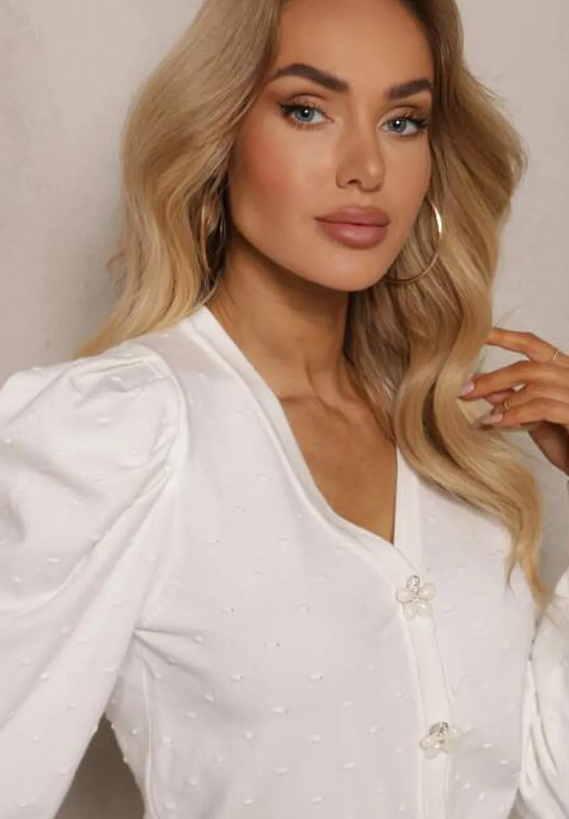 Biały Rozpinany Kardigan z Wiskozą Ozdobiony Guzikami Kwiatkami Enarine