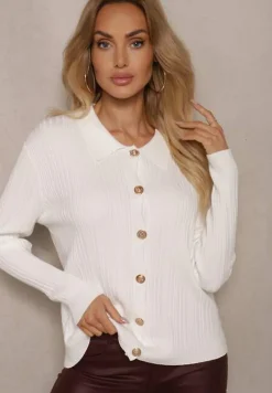 Biały Rozpinany Kardigan z Modalem Wiskozą i Kołnierzykiem z Prążkowanego Materiału Zeanirra