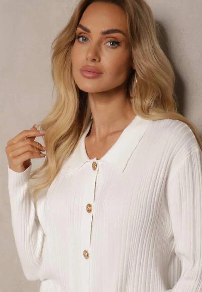 Biały Rozpinany Kardigan z Modalem Wiskozą i Kołnierzykiem z Prążkowanego Materiału Zeanirra