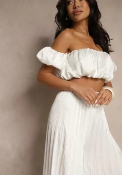 Biały Satynowy Komplet Bufiasta Bluzka Typu Hiszpanka i Spodnie z Plisami Mevisaura