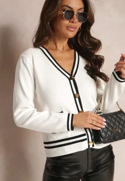 Biały Sweter Kardigan z Dekoltem w Serek i Naszywkami Nourn