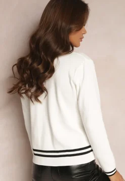 Biały Sweter Kardigan z Dekoltem w Serek i Naszywkami Nourn