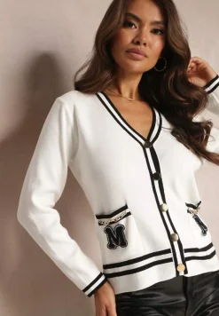 Biały Sweter Kardigan z Dekoltem w Serek i Naszywkami Nourn