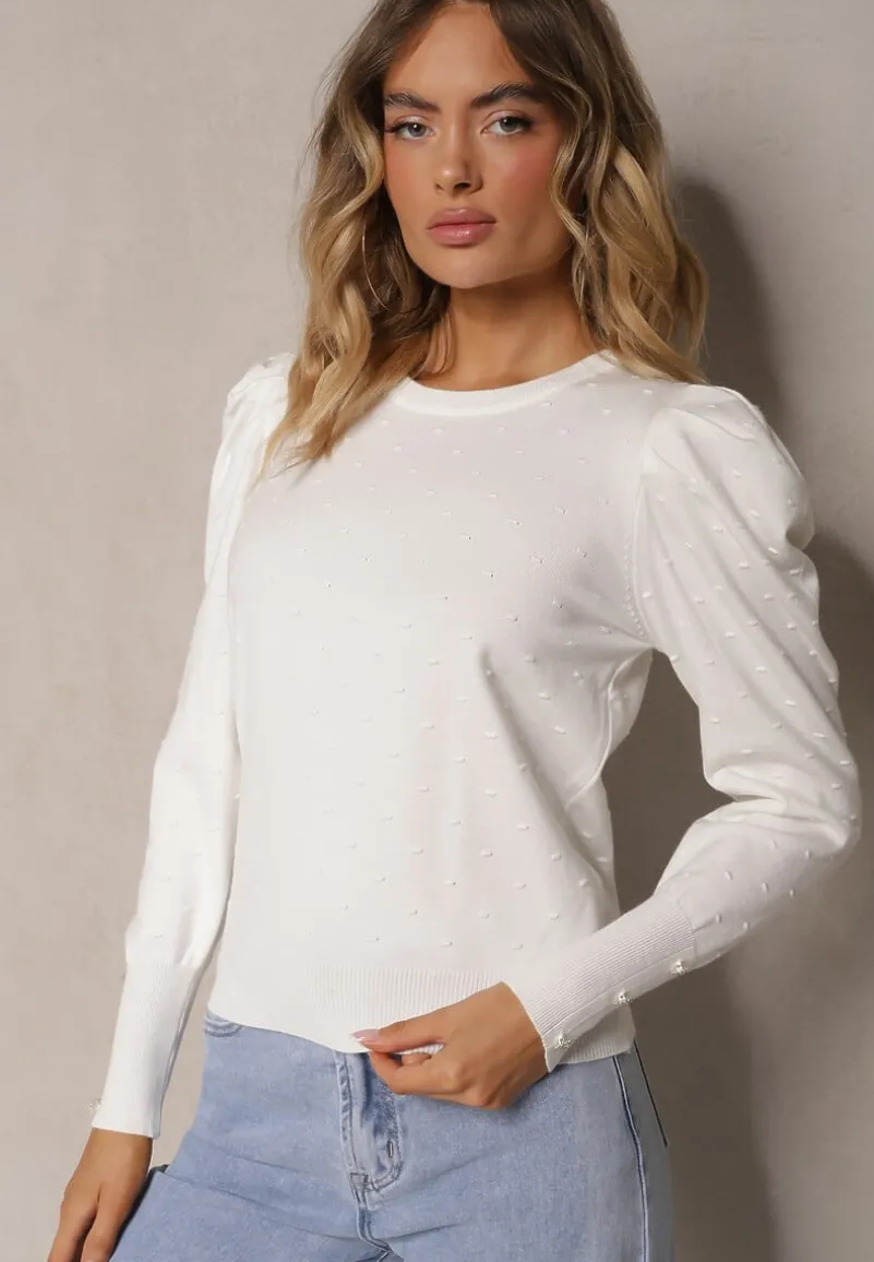 Biały Sweter z Dodatkiem Wiskozy i Cyrkoniami Zakończony Ściągaczem Glorivia