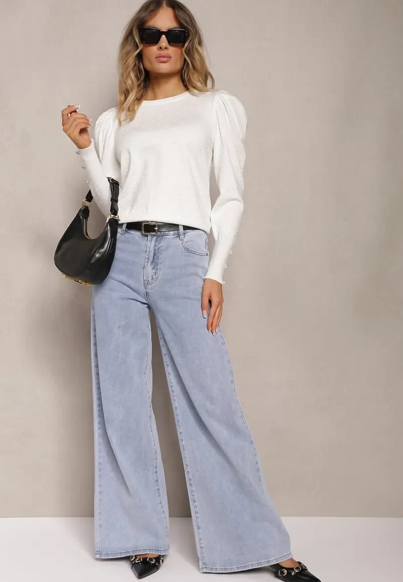 Biały Sweter z Dodatkiem Wiskozy i Cyrkoniami Zakończony Ściągaczem Glorivia