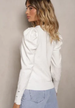 Biały Sweter z Dodatkiem Wiskozy i Cyrkoniami Zakończony Ściągaczem Glorivia