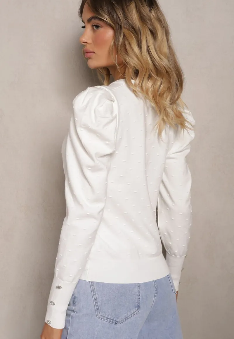 Biały Sweter z Dodatkiem Wiskozy i Cyrkoniami Zakończony Ściągaczem Glorivia