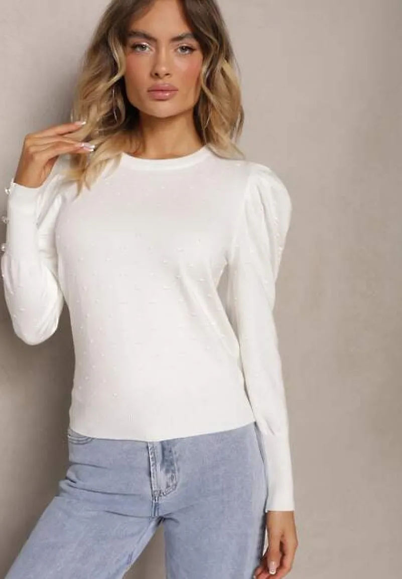 Biały Sweter z Dodatkiem Wiskozy i Cyrkoniami Zakończony Ściągaczem Glorivia