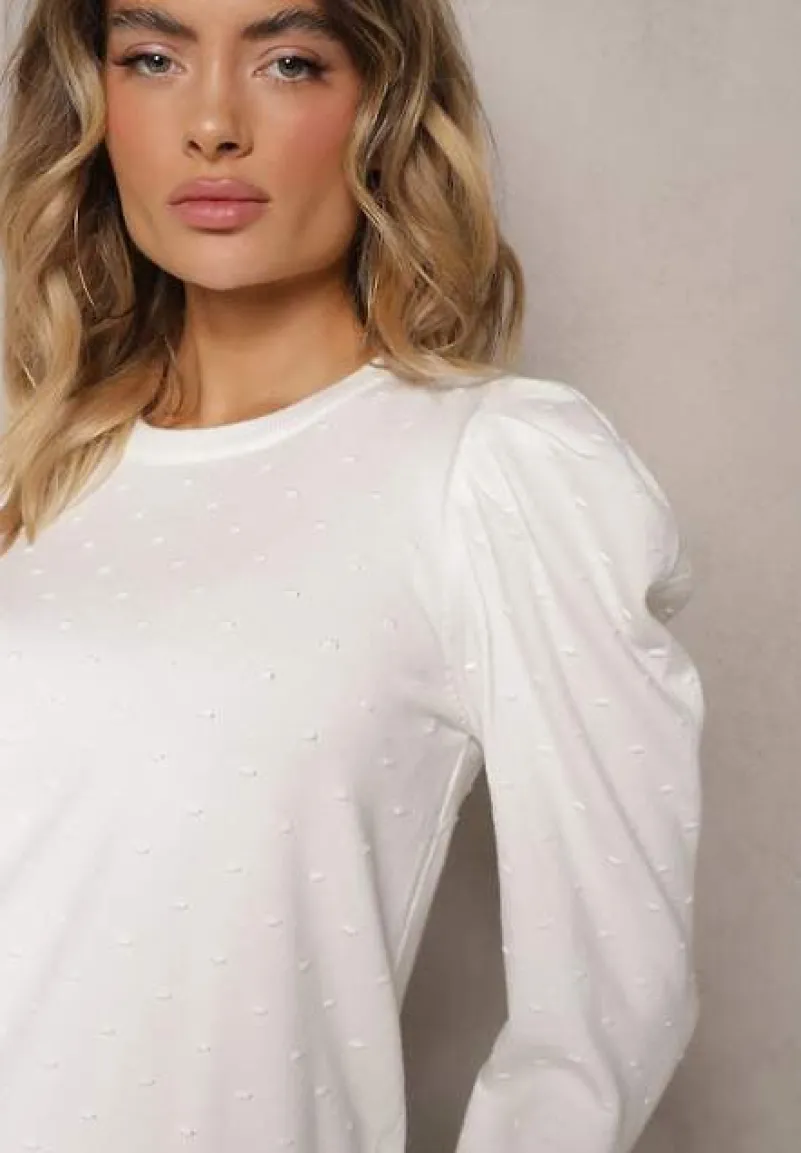 Biały Sweter z Dodatkiem Wiskozy i Cyrkoniami Zakończony Ściągaczem Glorivia