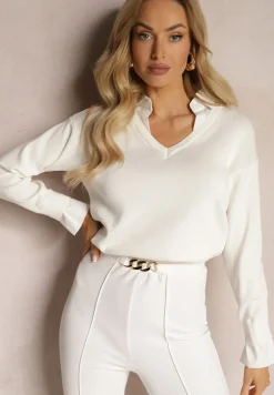 Biały Sweter z Długimi Rękawami i Koszulową Wstawką z Kołnierzykiem Aptivea