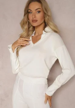 Biały Sweter z Długimi Rękawami i Koszulową Wstawką z Kołnierzykiem Aptivea