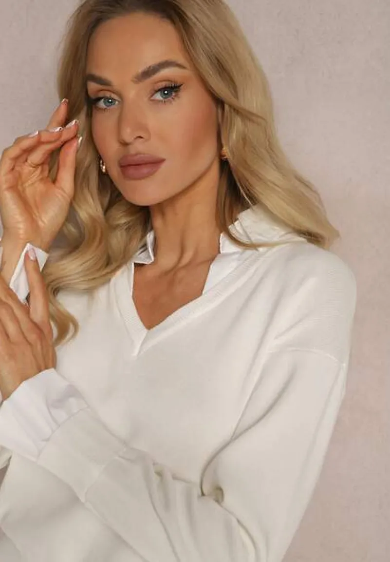 Biały Sweter z Długimi Rękawami i Koszulową Wstawką z Kołnierzykiem Aptivea