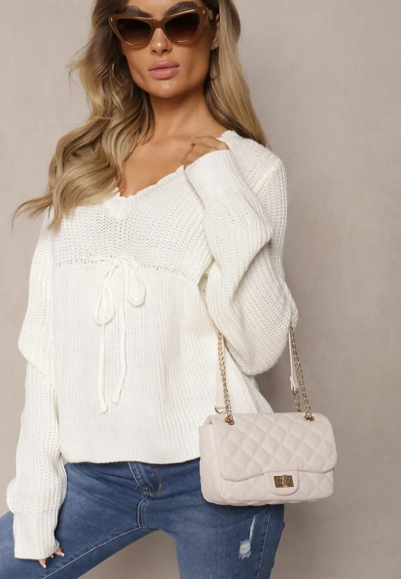 Biały Sweter z Falbanką i Wiązaniem pod Biustem Tericca