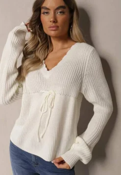 Biały Sweter z Falbanką i Wiązaniem pod Biustem Tericca
