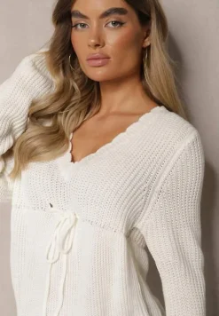 Biały Sweter z Falbanką i Wiązaniem pod Biustem Tericca