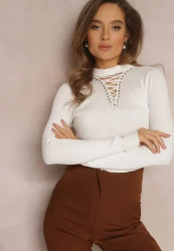 Biały Sweter z Gorsetowym Wiązaniem na Dekolcie Clallie