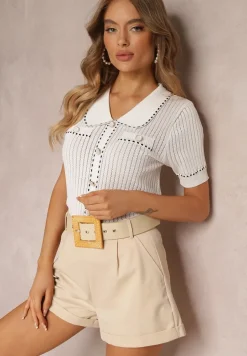 Biały Sweter z Kołnierzem i Ozdobnymi Guzikami Hollee