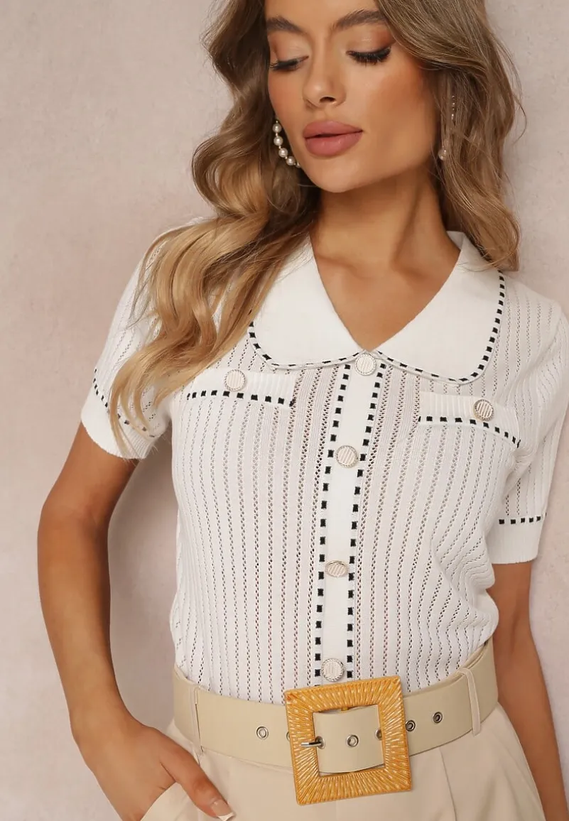 Biały Sweter z Kołnierzem i Ozdobnymi Guzikami Hollee