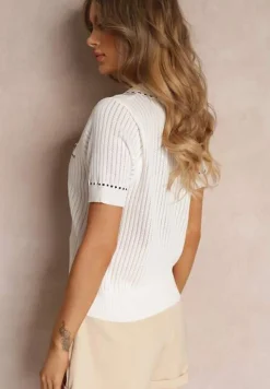 Biały Sweter z Kołnierzem i Ozdobnymi Guzikami Hollee