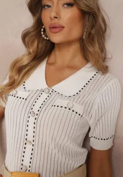 Biały Sweter z Kołnierzem i Ozdobnymi Guzikami Hollee