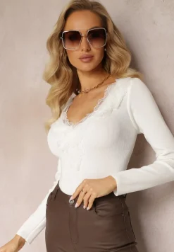 Biały Sweter z Koronkowym Dekoltem i Długimi Rękawami Zanithy