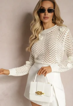 Biały Sweter z Naszytymi Kwiatami i Ażurowym Motywem Lindarsia