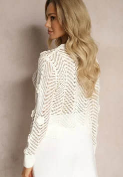 Biały Sweter z Naszytymi Kwiatami i Ażurowym Motywem Lindarsia