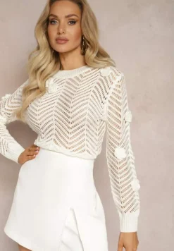 Biały Sweter z Naszytymi Kwiatami i Ażurowym Motywem Lindarsia