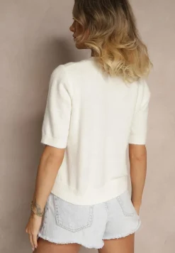 Biały Sweter z Wełną Krótkim Rękawem Ozdobiony Ściągaczami Emiralin