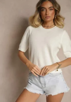 Biały Sweter z Wełną Krótkim Rękawem Ozdobiony Ściągaczami Emiralin