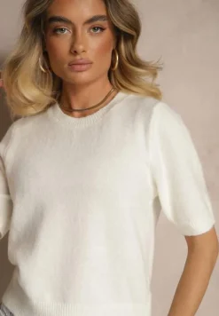 Biały Sweter z Wełną Krótkim Rękawem Ozdobiony Ściągaczami Emiralin