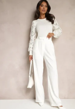 Biały Sweter z Wiskozą z Eleganckimi Rękawami w Ażurowy Wzór Nolvila