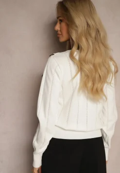 Biały Sweter z Wiskozą z Ozdobnymi Guzikami i Kokardą w Stylu Retro Miaraine